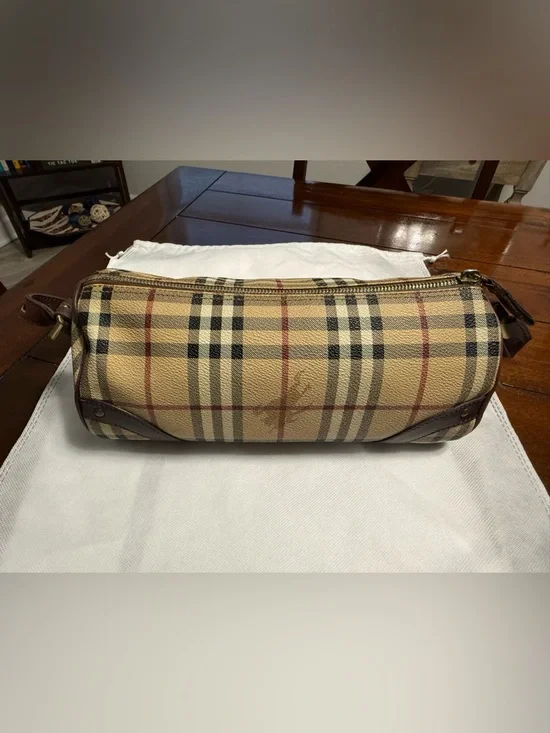 Auth. Vintage Burberry London Nova Check Barrel Baguette Bag Y2K Plaid Tan - Picture 2 of 10